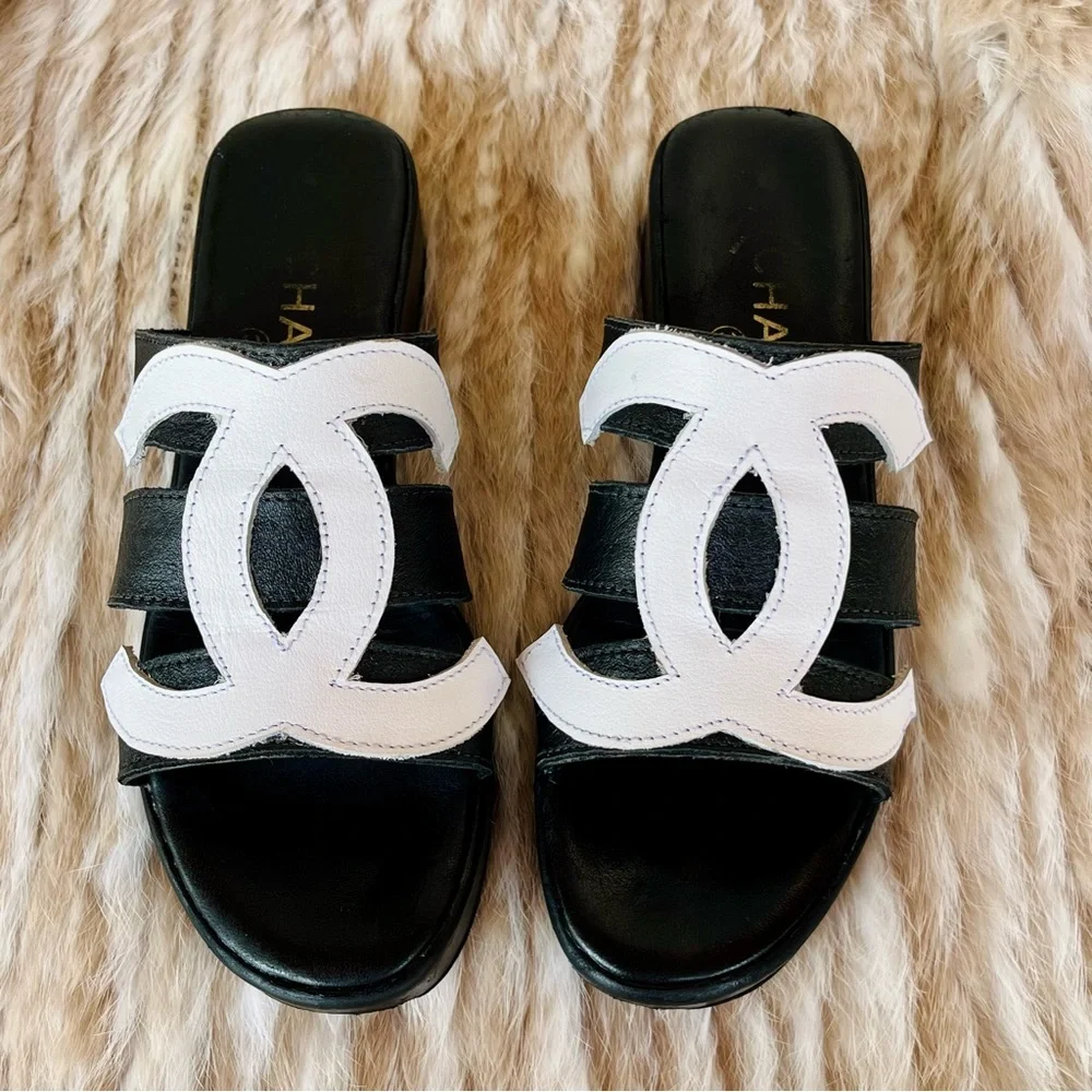 Ultra RARE CHANEL CC 1990’s Logo Black White Sandals